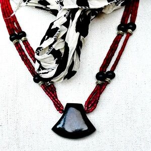 Boho Red Heishi Bead Black Stone Pendant Tribal Southwestern Statement Necklace